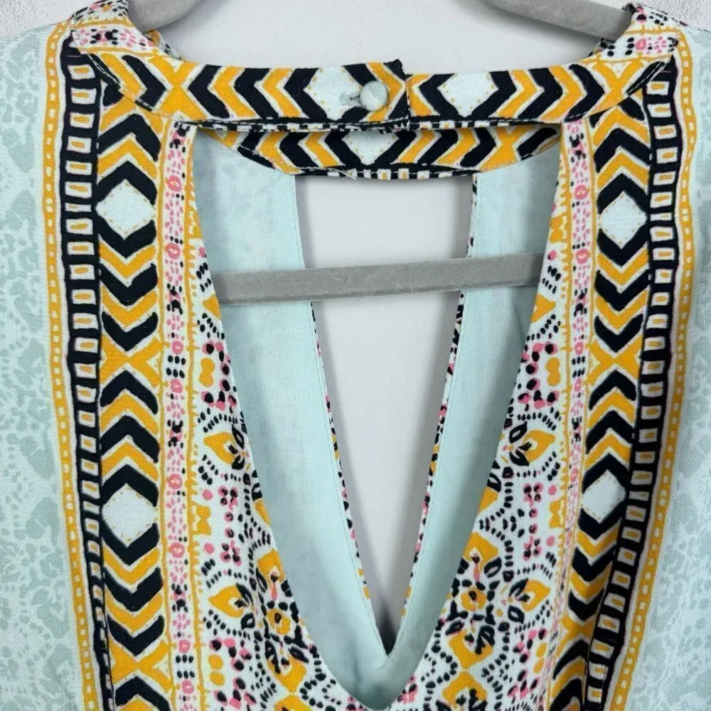 FREE PEOPLE | Teagan Boho Mini Dress Blue Yellow Pink Print Women’s Size 4